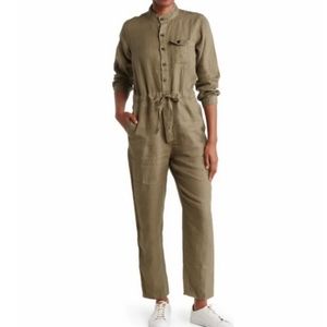 Alex Mill Army Green Logan Linen Jumpsuit Long Sleeve Button Up Size Small
